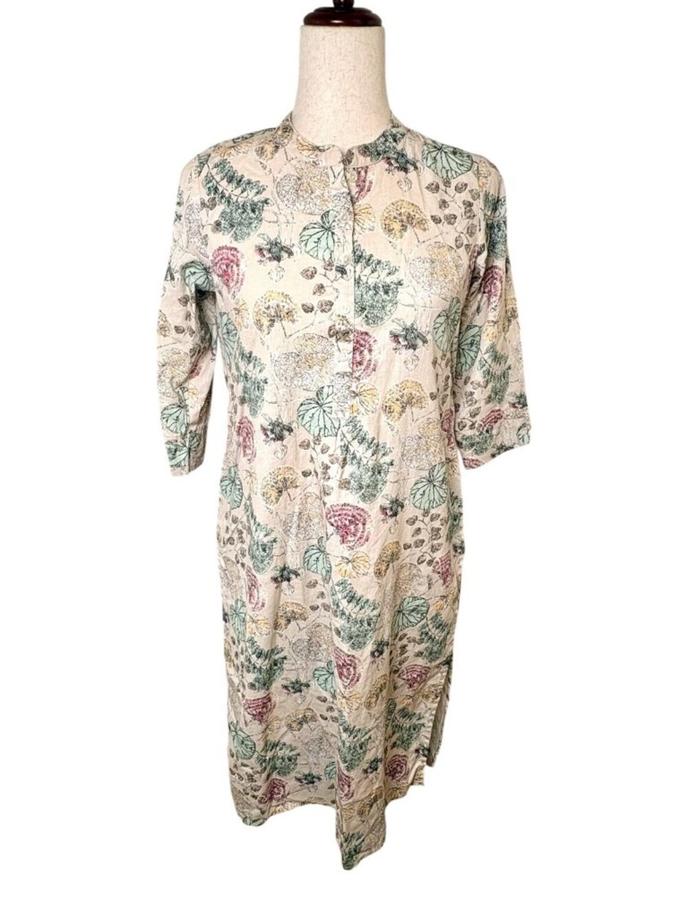 Melange Beige Green Yellow Floral Cotton Flax Linen Midi Dress Small